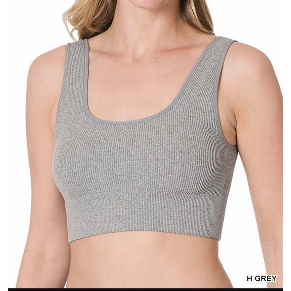 Zenana Ribbed Square Neck Cropped Tank Top with Bra Pads Heather Grey L/XL